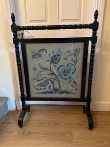Large Late Victorian Bobbin-Turned Firescreen with Floral Needlepoint