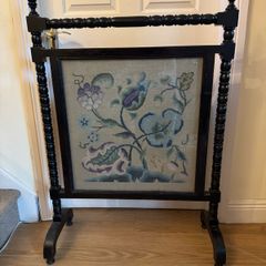 Large Late Victorian Bobbin-Turned Firescreen with Floral Needlepoint