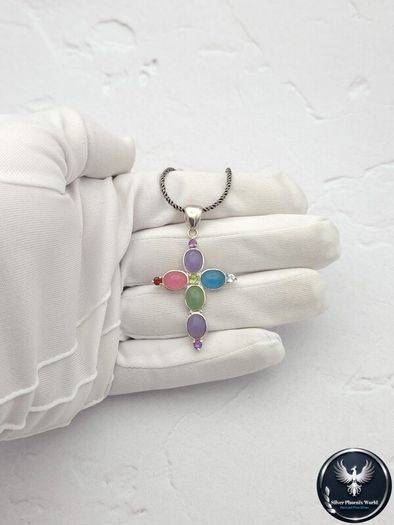 Vintage 925 Sterling Silver Multi Gemstone Cross Necklace