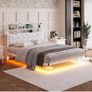 4ft6 Floating Double Bed Frame Upholstered Platform Bed with Storage Shelf Headboard,Charging Station/LED Lights,Metal Slat Support/Noise Free,No Box Spring Needed,135x190 Double Size,White Image 3