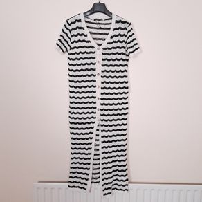 Boohoo White Black Wavy Stripe Crochet Button Through Knit Midi Dress 12UK/40EU