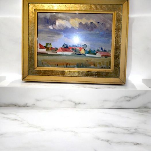 Vintage oil painting of a village