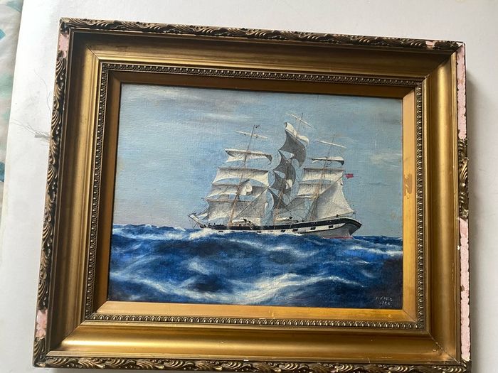 oil on board Vintage 1926 British School Marine Oil Painting Full-Rigged Sailing Ship in Rough Seas, Signed H.T.M.L.