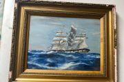 oil on board Vintage 1926 British School Marine Oil Painting Full-Rigged Sailing Ship in Rough Seas, Signed H.T.M.L.