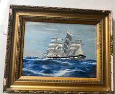 oil on board Vintage 1926 British School Marine Oil Painting Full-Rigged Sailing Ship in Rough Seas, Signed H.T.M.L.