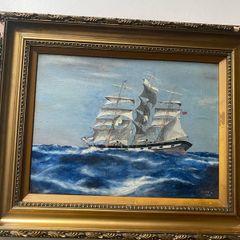 oil on board Vintage 1926 British School Marine Oil Painting Full-Rigged Sailing Ship in Rough Seas, Signed H.T.M.L.