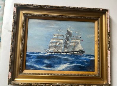 oil on board Vintage 1926 British School Marine Oil Painting Full-Rigged Sailing Ship in Rough Seas, Signed H.T.M.L.