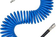 Air Compressor Hose Polyurethane Recoil 10m Long 6mm ID x 9.5mm OD with Bend Restrictor, 1/4" Europe Quick Coupler and Plug, Blue