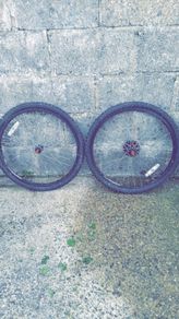 Two matching bicycle wheels