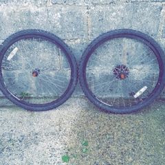 Two matching bicycle wheels