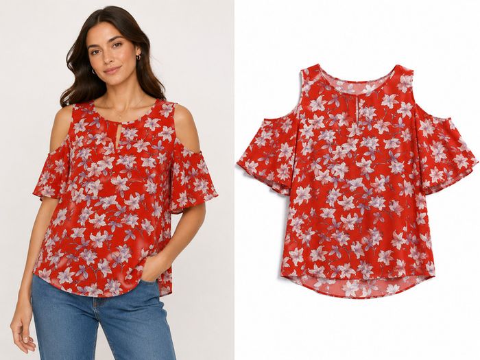 Ladies Red Floral Cold Shoulder Top: Size 8
