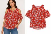 Ladies Red Floral Cold Shoulder Top: Size 8