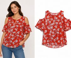 Ladies Red Floral Cold Shoulder Top: Size 8