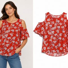 Ladies Red Floral Cold Shoulder Top: Size 8