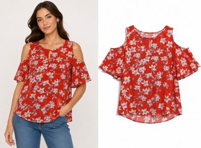 Ladies Red Floral Cold Shoulder Top: Size 8