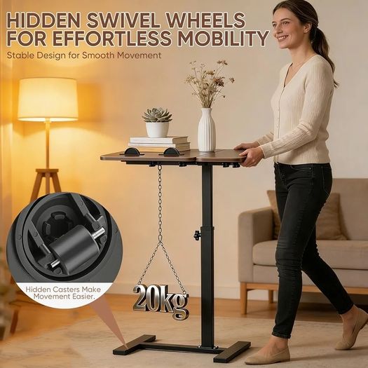 Overbed Bedside Table with Wheels, 60x40cm Split Tilting Tabletop, Height Adjustable Bedside Laptop Desk, Sofa Side Tray Table, Rolling C-Shaped Computer Stand for Bed Sofa Hospital Home, Walnut