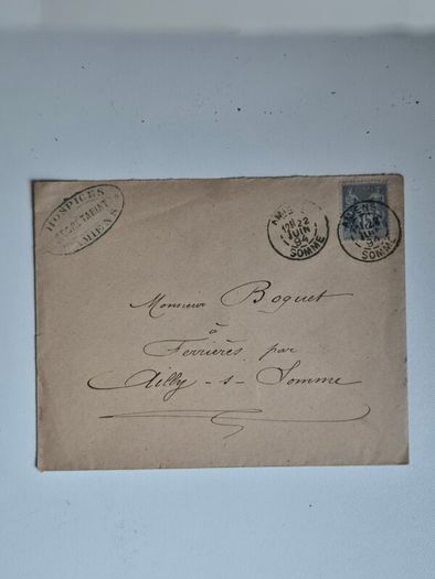 France 1894 Postal History Envelope and stamp. Hospices dAmiens Medical Cachet, Ailly sur Somme Arrival Backstamp, Antique Mail