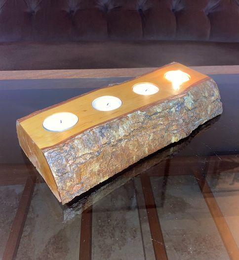 Stunning Rustic Live Edge Pine Wood Tea Light Holder Yule Log Waxed and Sealed
