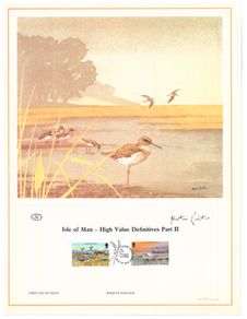 1983 Isle of Man Limited Edition Lithographed Print measuring 333mm X 257mm showing High Value Definitive Stamp Part 2 50p & GB1 with First Day of Issue Cancel