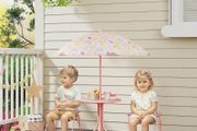 4-Piece Kids Garden Table and Chair Set with Adjustable Parasol, Folding Chairs, Table, Rainbow Pattern, Pink