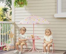 4-Piece Kids Garden Table and Chair Set with Adjustable Parasol, Folding Chairs, Table, Rainbow Pattern, Pink