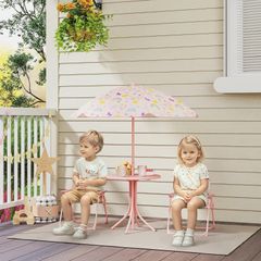 4-Piece Kids Garden Table and Chair Set with Adjustable Parasol, Folding Chairs, Table, Rainbow Pattern, Pink