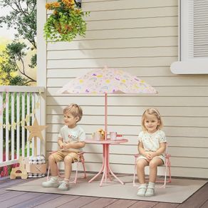 4-Piece Kids Garden Table and Chair Set with Adjustable Parasol, Folding Chairs, Table, Rainbow Pattern, Pink