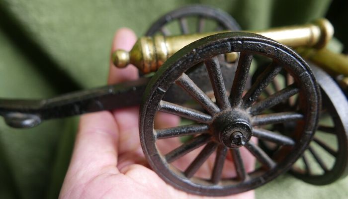 Vintage Brass and Cast Iron Cannons - Moving Wheels - Adjustable Mini Cannon - Set of 2