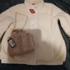 New guess fur jacket and pink tote bag