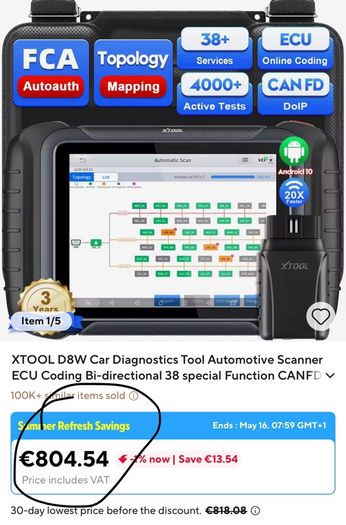 XTOOL D8W Car Diagnostics Tool Automotive Scanner ECU Coding Bi-directional 38 special Function CANFD DOIP FCA Topology