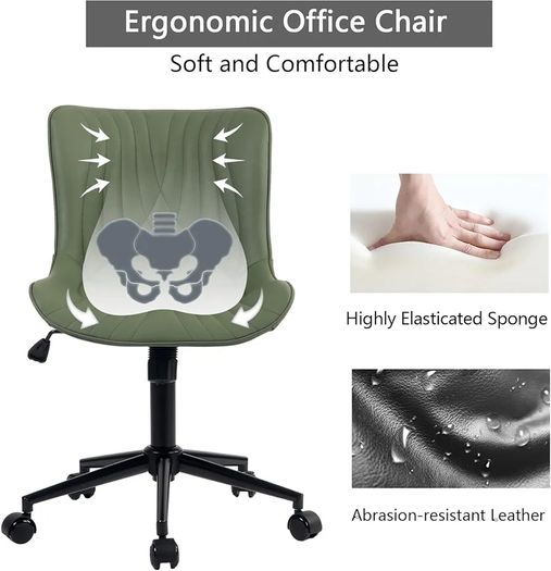 Office Chair Adjustable, Ergonomic Desk Chair Armless PU Leather Swivel Chairs with Wheels for Home Office Computer, Modern, Olive Green