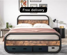 King Size Bed Metal Platform Bed Frame with Wood Headboard,