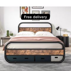King Size Bed Metal Platform Bed Frame with Wood Headboard,