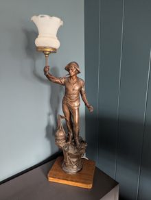 Antique Male Figural Lamp - Frosted Glass Shade