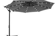 Parasol with LED Solar Lighting, Cantilever Garden Umbrella, 32 LED Lights with Stand, UV Protection up to UPF 50+ with Crank Handle for Garden Patio