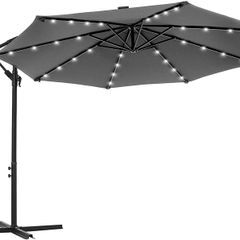 Parasol with LED Solar Lighting, Cantilever Garden Umbrella, 32 LED Lights with Stand, UV Protection up to UPF 50+ with Crank Handle for Garden Patio