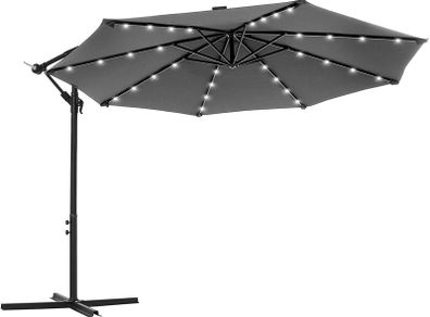 Parasol with LED Solar Lighting, Cantilever Garden Umbrella, 32 LED Lights with Stand, UV Protection up to UPF 50+ with Crank Handle for Garden Patio