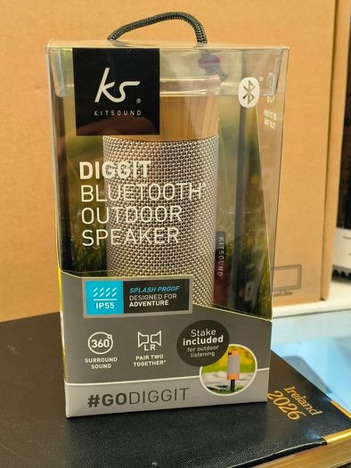 KitSound KS DIGGIT Diggit Outdoor Freestanding Bluetooth Garden Speaker with Removable Stake, Silver/Wood (New)