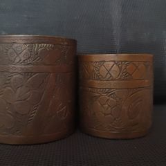 Pair of Vintage Hand-Etched Brass Lassi Cups, Antique Indian Style