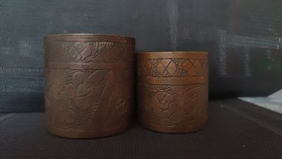 Pair of Vintage Hand-Etched Brass Lassi Cups, Antique Indian Style