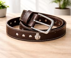 Unisex Brown Leather Stud Belt Vintage Studded Leather Belt with Silver Buckle for Men & Women