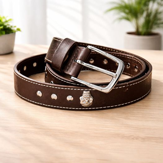 Unisex Brown Leather Stud Belt Vintage Studded Leather Belt with Silver Buckle for Men & Women