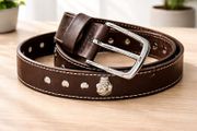 Unisex Brown Leather Stud Belt Vintage Studded Leather Belt with Silver Buckle for Men &amp; Women