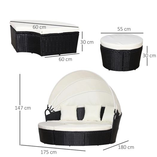 5 Piece Cushioned Outdoor Plastic Rattan Wicker Round Sofa Bed Coffee Table Sectional Patio Conversation Furniture Set - Black