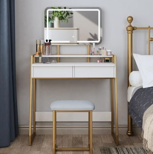 Vanity Dressing Table Set with 3 Color Adjustable Brightness LED Lights, 2 Large Storage Drawers and Metal Frame for Bedroom, White and Gold