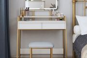 Vanity Dressing Table Set with 3 Color Adjustable Brightness LED Lights, 2 Large Storage Drawers and Metal Frame for Bedroom, White and Gold