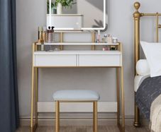 Vanity Dressing Table Set with 3 Color Adjustable Brightness LED Lights, 2 Large Storage Drawers and Metal Frame for Bedroom, White and Gold
