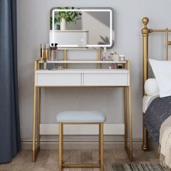Vanity Dressing Table Set with 3 Color Adjustable Brightness LED Lights, 2 Large Storage Drawers and Metal Frame for Bedroom, White and Gold