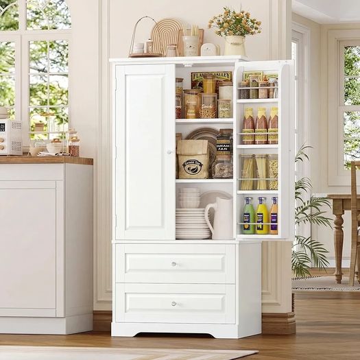 Kitchen Cupboard Tall Kitchen Cabinet Pantry Cupboard with 2 Doors Storage Free Standing Sideboard Storage Cabinet, 2 Drawers, Adjustable Shelves 60x40x120cm White