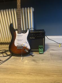 fender squire stratocaster with Harley Benton amp and maxon overdrive pedal